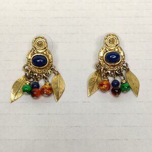 Gently Worn Earrings with Glass Beads and Feather Accents -Gold Tone Base